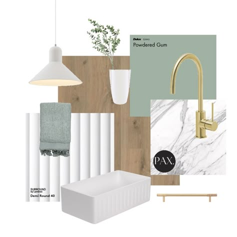 Laundry Mood Board, Eucalyptus Green Kitchen, Sage Apartment, Sage Bathroom Ideas, Green Kitchen Interior, Coastal Mood Board, Contemporary Interior Design Style, Sage Green Bathroom, Bathroom Moodboard