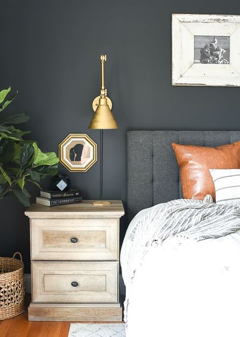 Dark and Moody Modern Farmhouse Bedroom. #highcontrast #modernfarmhouse #bedroom Iron Ore Bedroom, Dark And Moody Bedroom, Black Accent Walls, Modern Farmhouse Bedroom, Moody Bedroom, Bedroom Updates, Dark Bedroom, Classy Bedroom, Dark And Moody