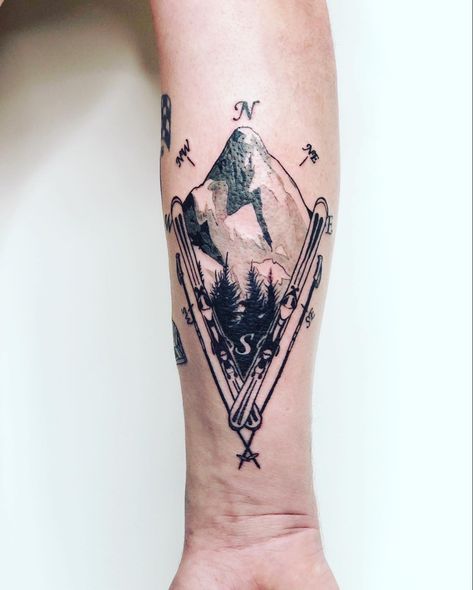 Henry Tattoo, Trip Tattoo, Skiing Tattoo, Xc Skiing, Tattoo Mountain, Tattoos Forearm, Helmet Tattoo, Small Chest Tattoos, Bike Tattoos