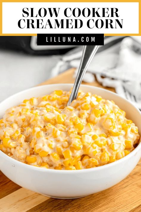 Dinner wouldn't be complete without rich, flavorful Slow Cooker Creamed Corn! It's creamy, buttery, and cheesy - a holiday favorite! #crockpotcreamedcorn #slowcookercreamedcorn #creamedcorn #crockpot #corn #sidedish Cream Corn Crockpot, Cream Corn Recipe Crock Pot, Corn Crockpot, Slow Cooker Soups And Stews, Instant Pot Vegetables, Crockpot Corn, Slow Cooker Creamed Corn, Cheese Corn Casserole, Cream Cheese Corn