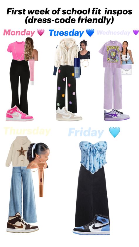 First week of school 🏫 outfit inspos( dress-code friendly) !!! #fyp #outfitinspo #outfits #cutefit #ootw #schoolfit First Week Of School, First Day Of School Outfit, Monday Tuesday Wednesday, Thursday Friday, Monday Tuesday, Outfit Dress, Cute Fit, School Fits, First Week