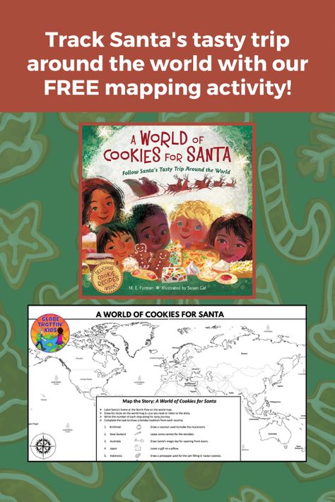 Follow Santa’s Christmas Eve journey to visit children around the world while learning about a variety of #holidaytraditions and the sweet treats that await his arrival. Stops include the Philippines for salabat, a spicy ginger tea and Malawi for mbatata, sweet potato cookies. Recipes for 9 of the sweet treats are included! Compare different traditions for gift-bringers around the globe and map Santa's journey with our #freeprintable activity. #ChristmasBook #Christmas #ChristmasAroundTheWorld A World Of Cookies For Santa Activities, Christmas Book Activities, Santa Activity, Potato Cookies, Sweet Potato Cookies, Geography Activities, Map Activities, Celebration Around The World, Christmas World