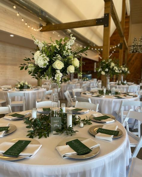 40 Guest Wedding, Wedding Table Decorations Green And Gold, Eyculuptus Wedding, White And Green Wedding Centerpieces Candles, White Gold And Green Wedding Decor, Family Style Wedding Dinner Table Round, Sage Green Wedding Reception Decor, Emerald Green Gold Wedding Decor, Green And Grey Wedding Theme