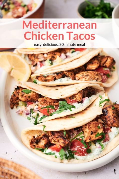 Low Carb Pita Recipes, Mediterranean Chicken Pita Tacos, Greek Tacos Chicken, Mediterranean Recipes With Pita Bread, Dinners With Pita Bread, Chicken Flat Bread Recipe, Mediterranean Tacos Recipes, Recipes With Pita Bread Dinners, What To Make With Pita Bread