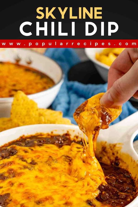 Make delicious Cincinnati-style Skyline Chili Dip with just three ingredients. Layered with cream cheese and cheddar cheese, it's perfect for dipping with chips. Skyline Chili Dip, Easy Chili Cheese Dip, Chili Cream Cheese Dip, Chili Dip Recipes, Chili Cheese Dip Recipes, Chili Cheese Dip, Skyline Chili, Cincinnati Chili, Cheese Dip Recipe