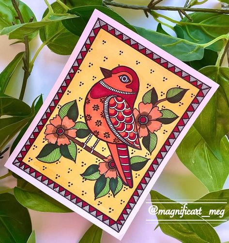 Folk Canvas Painting, Nice Drawings Creative, Madhubani Painting Bird, Madhubani Painting Flowers, Madhubani Easy Art, Kalamkari Drawing Easy, Easy Kalamkari Painting, Madhubani Art Bird, Pattachitra Art Easy