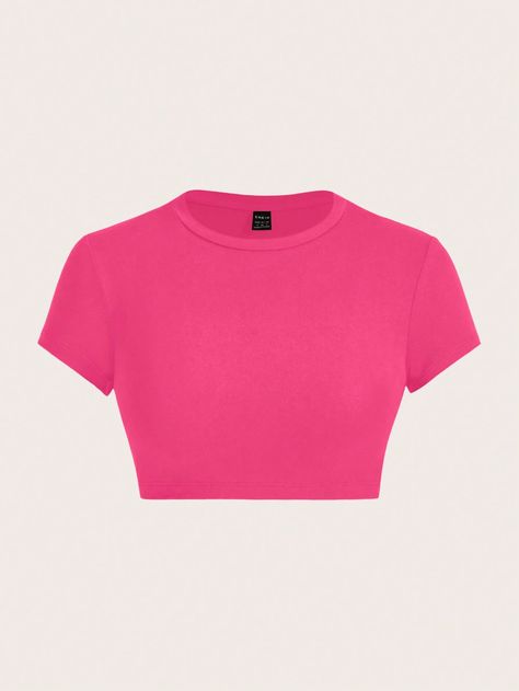 Hot Pink Casual Collar Short Sleeve Knitted Fabric Plain  Embellished Slight Stretch  Women Clothing Hot Pink Crop Top, Hot Pink Tee, Tight Crop Top, Hot Pink Top, Hot Pink Tops, Aesthetic T Shirts, Fitted Tee, Casual Stripes, Women T Shirts