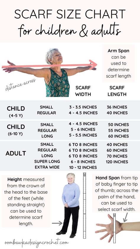 This crochet scarf size chart includes common scarf measurements for children and adults. It also includes traditional methods for determining appropriate scarf widths and scarf lengths. #sizechart #measurements #scarflength #scarfwidth #crochettips #crochet via @oombawkadesign Scarf Size Chart, Scarf Sizes, Crochet Size, Kids Scarf, Red Scarf, Scarf Crochet Pattern, Crochet Instructions, How To Measure, Crochet Chart