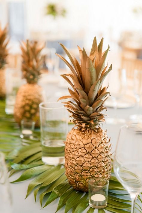 Golden Pineapple Wedding Centerpiece: Blue Beach Inspired Wedding from Leeann Marie, Wedding Photographers featured on Burgh Brides Gold Pineapple Centerpiece, Palm Leaf Centerpiece, Beach Inspired Wedding, Leaf Centerpiece, Tropical Wedding Centerpieces, Pineapple Centerpiece, Pineapple Wedding, Jungle Wedding, Phipps Conservatory