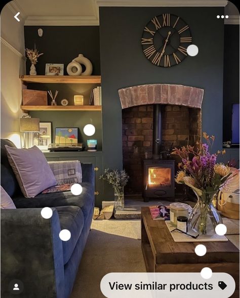 Log Burner Living Room, Dark Green Living Room, Bay Window Living Room, Front Room Decor, Brick Living Room, Cosy Evening, Snug Room, Living Room Transformation, Living Room Renovation