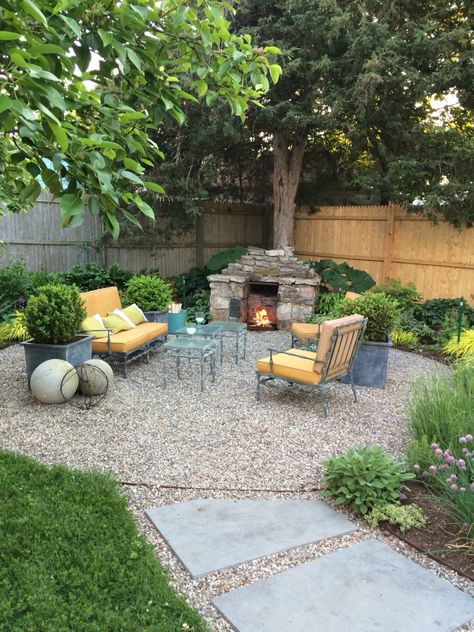 Patios With Gravel, Cheap Wood Deck Ideas, Backyard Garden Fire Pit, Side Yard Hang Out Ideas, Suburb Landscaping, Next To House Landscaping, Square Backyard Layout, Odd Shaped Patio Ideas, Shade Backyard Ideas