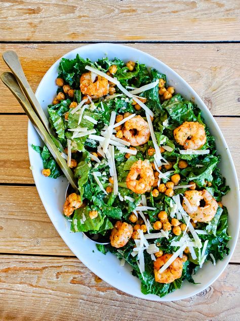 This EASY KALE CAESAR WITH SHRIMP AND CHICKPEAS is the perfect lunch or dinner salad! It is a delicious light meal the whole family will love.⁠ ⁠⁠ https://scrambledandscrumptious.com/easy-kale-caesar-with-shrimp-and-chickpeas/⁠ Shrimp And Kale Salad, Kale Shrimp Salad, Shrimp Kale, Healthy Caesar Salad, Garlicky Kale, Kale Caesar, Shrimp Salad Recipes, Dinner Salad, Crispy Chickpeas