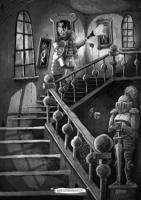 Secret Of The Skull King - Exploring the Haunted House - By Simone Krüger Ghost Knight, Haunted House Drawing, Castle Illustration, Skull Ghost, Ghost Drawing, Creepy Houses, Ghost House, Illustration Story, Haunted Castle