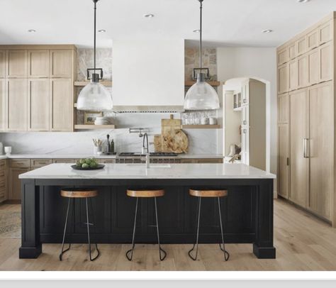 Wood Kitchen Cabinet Ideas, Black And Wood Kitchen, Wood Kitchen Cabinet, Black Kitchen Cabinet, Light Wood Kitchens, White Oak Kitchen, Black Island, Decor Makeover, Black Kitchen Island