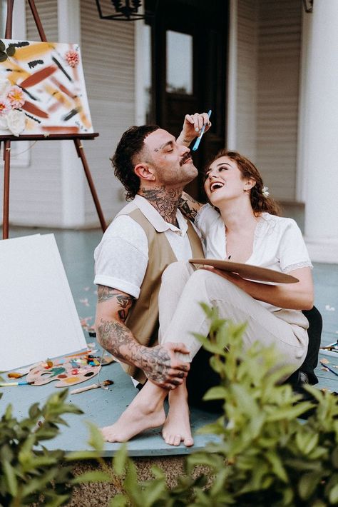 Free and Cheap Date Ideas or Ideas for your Couples Engagment Session. Grab some paints and paint brush and paint! Photographer is based in Chattanooga, TN. Styled by @alexismayphotog, hair and makeup by @cherithbrookebeauty. Clothing @natalieejogray. Models @becomingtherain and @justinweatherbee @thetattoedcouple. Artsy Photo Ideas, Couples Painting Together Photoshoot, Artist Couple Photography, Couple Painting Together Pictures, Painting Engagement Photos, Painting Couples Photoshoot, Paint Photoshoot Couple, Paint Couple Ideas, Paint Couple Photoshoot