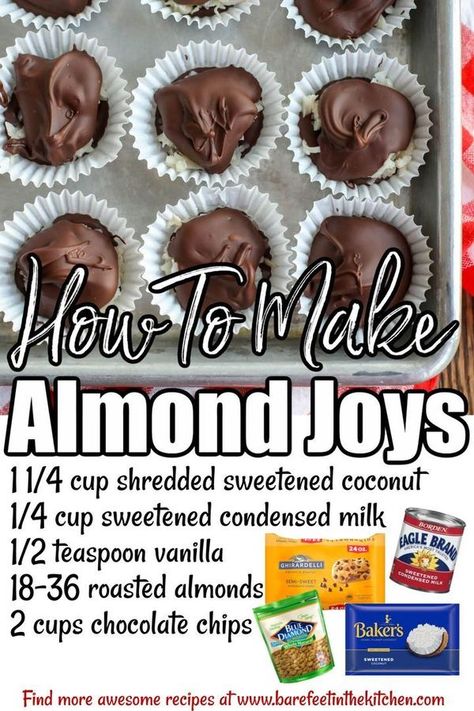 Homemade Chocolate Candy Recipes, Almond Joys, Homemade Chocolate Candy, Homemade Sweetened Condensed Milk, Almond Joy Bars, Christmas Candy Easy, Easy Christmas Candy Recipes, Dark Chocolate Recipes, Chocolate Candy Recipes