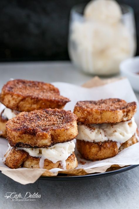 Churro French Toast Ice Cream Sandwich | http://cafedleites.com Churro French Toast, Waffle Sandwich Breakfast, French Toast Sandwich, Fast Easy Desserts, Ice Cream Sandwiches Recipe, Banana French Toast, Cafe Delites, Waffle Sandwich, Pumpkin Waffles