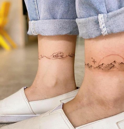 Wave Anklet Tattoos For Women, Wave Tattoo Ankle Bracelet, Wave Anklet Tattoo, Ocean Style Tattoo, Mountain Ankle Tattoo Wrap Around, Wrapped Ankle Tattoos, Wave Bracelet Tattoo, Wrap Around Ankle Tattoos For Women, Unique Ankle Tattoos For Women