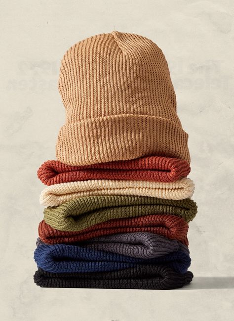 These timeless knit beanie hats are made from a Hemp & Cotton blend. Its build is derived from our nostalgia for vintage workwear hats. Hemp / Cotton Blend Fabric Warm, comfy knit beanie Earthy Tones Available Wear in a variety of ways Granola Accessories, Beanie Product Photography, Hat Product Photography, Hat Photoshoot Ideas, Earthly Aesthetic, Hats Aesthetic, Beanie Photography, Laydown Photography, Trendy Winter Hats