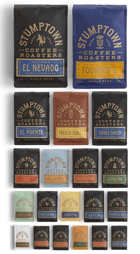 New Packaging for Stumptown Coffee Roasters by LAND Black Coffee Packaging, Cool Coffee Packaging, Coffee Bag Design Ideas, Coffee Label Packaging, Coffee Packaging Design Branding, Coffee Packaging Ideas, Coffee Packaging Design, Chocolate Package, Stumptown Coffee Roasters