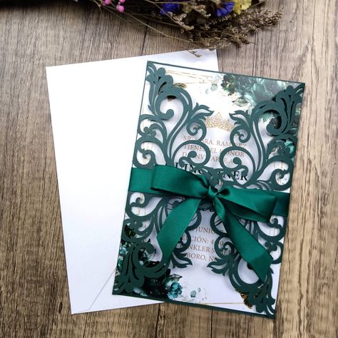 Emerald Green Quinceanera Theme, Green Quinceanera Theme, Emerald Green Wedding Theme, Ribbon Invitation, Quince Invitations, Green Invitations, Green Themed Wedding, Emerald Green Weddings, Quinceanera Themes