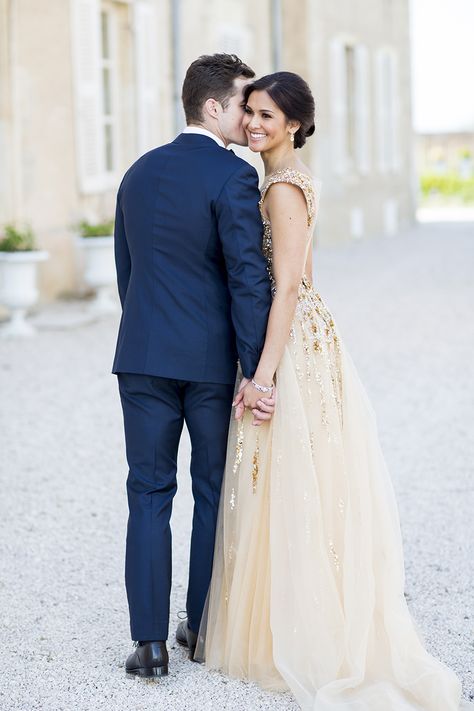 sparkly gold wedding dress and navy groom's suit | Photography: Lauren Michelle Sparkly Gold Dress, Suit Couple, French Chateau Weddings, French Chateau Wedding, Gold Wedding Dress, Chateau Wedding, Sparkly Wedding, Dress Gallery, France Wedding