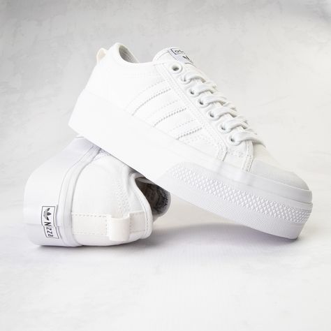 Womens adidas Nizza Platform Athletic Shoe - White | Journeys Adidas Nizza Platform, Adidas White Shoes, Platform Tennis Shoes, Adidas Nizza, White Platform Shoes, Adidas White Sneakers, Womens Adidas, Silver Sneakers, Adidas Shoes Women