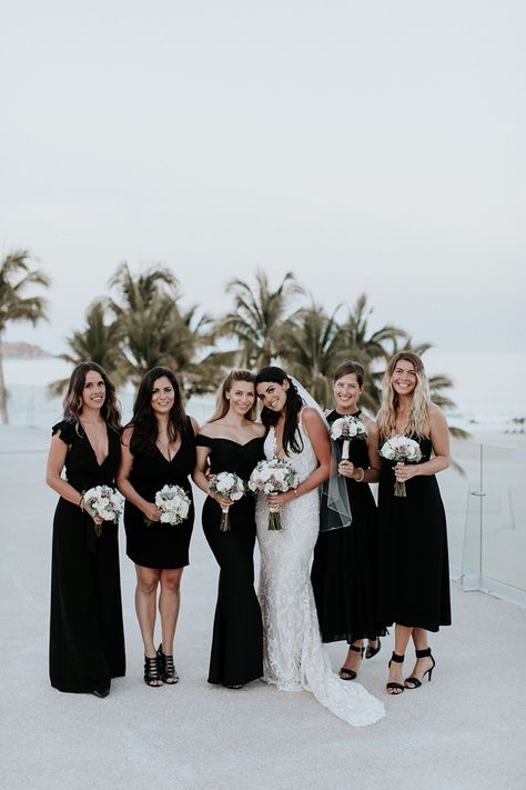 Stunning Bride And Her Bridesmaids Wearing All Black And Whites | Beach Wedding At Paradisus Los Cabos Mexico #beachwedding #bride #bridesmaid #weddingdresses Black Bridesmaid Dresses Beach Wedding, Black Bridesmaid Dresses Beach, Black And White Beach Wedding, Bridesmaid Dresses Beach, Formal Photography, Mens Beach Wedding Attire, Chill Wedding, Cabos Wedding, Marine Wedding