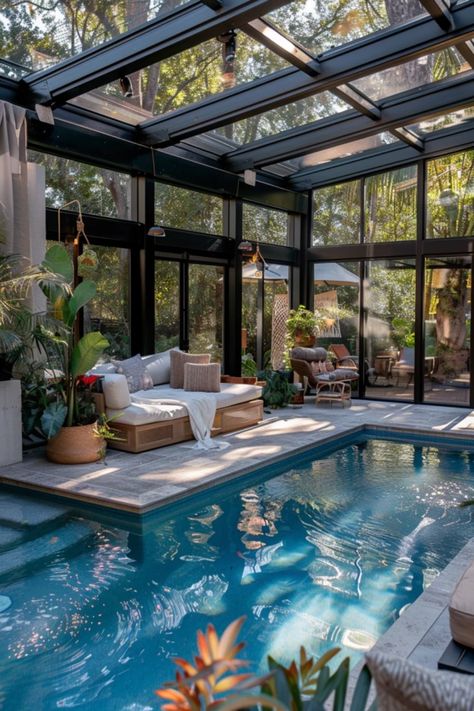 Ready to transform your outdoor space? Check out these amazing pool enclosure ideas that protect your swimming area while also adding beauty to your garden. From sleek glass designs to cozy pergola-covered retreats, get inspired to enhance your backyard oasis for the summer and beyond. Perfect for ensuring privacy, safety, and year-round enjoyment. Make your outdoor relaxation spot a stunning haven. Let's dive into these stylish options that fit all preferences and budgets! Glass Pool Enclosure, Pool Enclosures Screened, Indoor Pool Greenhouse, Greenhouse Pool Enclosure, Covered Pool Ideas, Pool In Front Of House, Swim Spa Enclosure Ideas, Indoor Swimming Pools Home, Inside Pool House Ideas