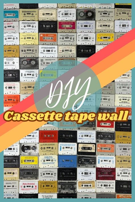 Many colourful cassette tapes are arranged flat against a wall to create a collage of tapes. The text reads DIY cassette tape accent wall. Cassette Tape Display Ideas, Cassette Tape Art Diy, Tape Accent Wall, Cassette Tapes Aesthetic, Diy Cassette, Retro Room Aesthetic, Cassette Tape Wall, Old Cassette Tapes, Cassette Tape Crafts