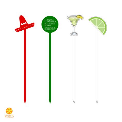 These Margarita Picks are stir sticks and cocktail picks. This set includes: Red Sombrero, Green Margarita Recipe, Color UV Printed Margarita Cocktail and Color UV Printed Lime Slice. DETAILS: • Made from 1/8" thick acrylic • Packaged as set of 4 • Reusable, hand wash