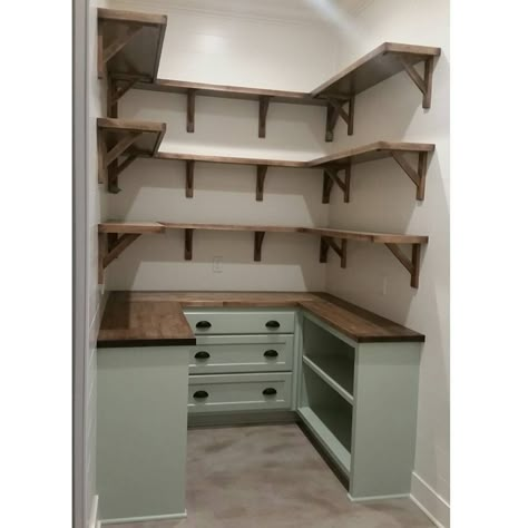 “Dream pantry is complete! Walls shiplap and painted @sherwinwilliams White Dove. Cabniets are @benjaminmoore Antique Jade and hardware is from…” Pantry Layout, Dream Pantry, Koti Diy, Pantry Room, Shop Barndominium, Pantry Remodel, Pantry Shelving, Kitchen Pantry Design, Butler Pantry