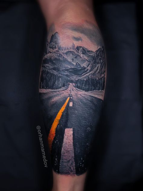 Road Tattoo Sleeve, Winding Road Tattoo, Dirt Road Tattoo, Mountain Road Tattoo, Road Tattoo Design, Highway Tattoo, Hills Tattoo, Road Tattoo, Wilderness Tattoo