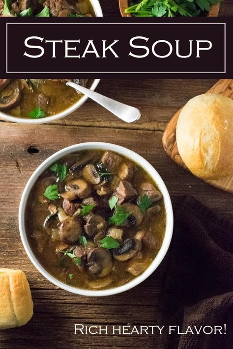 Steak Soup recipe #steak #soup #beef #beer #mushrooms Steak Soup Recipes, Recipe For Steak, Beef Stews, Steak Soup, Soup Beef, Seared Salmon Recipes, Recipes Steak, Chimichurri Recipe, Steak And Mushrooms