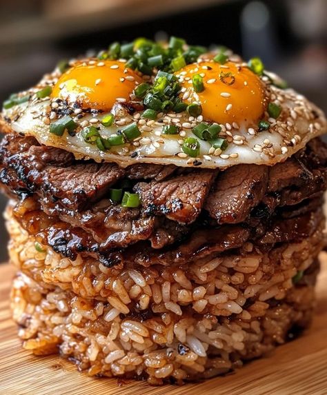 Korean Bbq Beef Rice Stack, Chinese Food Images, Easy Meals For Large Family, Korean Bbq Beef, Beef Rice, Bbq Beef, Australian Food, Healthy Food Dishes, Chinese Dishes