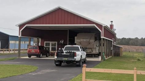 Rv Storage Shed Ideas, Shop With Rv Parking, Rv Storage With Living Quarters, Rv Covered Parking Carport Designs, Rv Shelter With Living Quarters, Rv Pole Barn With Living Quarters, Camper Port, Rv Lot Landscaping Ideas, Rv Barn With Living Quarters