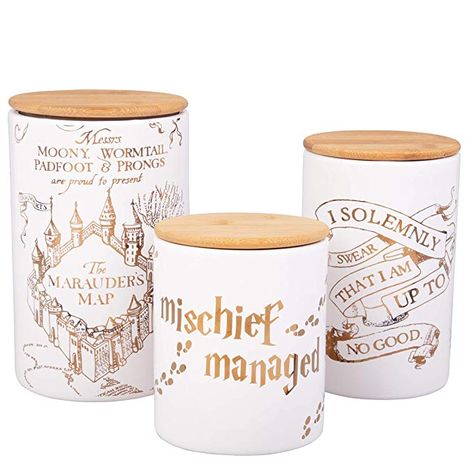 Amazon.com: Harry Potter Marauder's Map Porcelain 3 Piece Canister Set - Three Sizes with Gold Marauders Map Design: Gateway Harry Potter Kitchen Decor, Harry Potter Bathroom Decor, Harry Potter Candle, Harry Potter Office, Harry Potter Kitchen, Harry Potter Bathroom, Harry Potter Marauders Map, Harry Potter Nursery, Harry Potter Room Decor