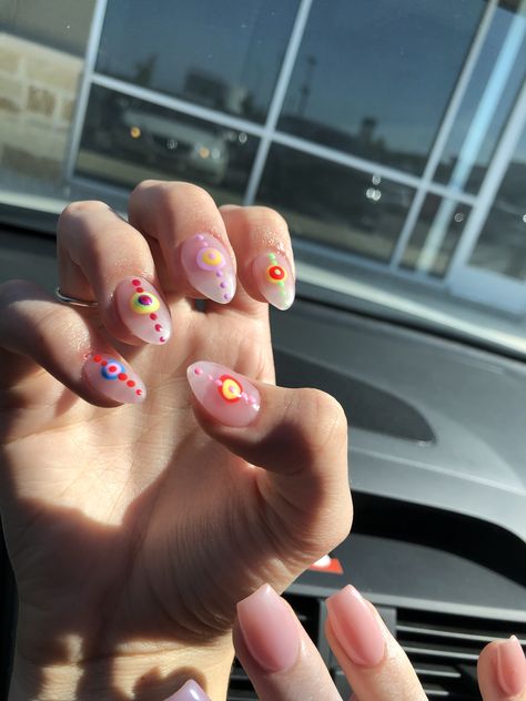 Evil Eye Nails Colorful, Colorful Evil Eye Nails, Nail Design With Dots, Nail Inspo Evil Eye, Cute Nails Acrylic, Acrylic Evil Eye, Design With Dots, Evil Eye Nails, Acrylic Ideas