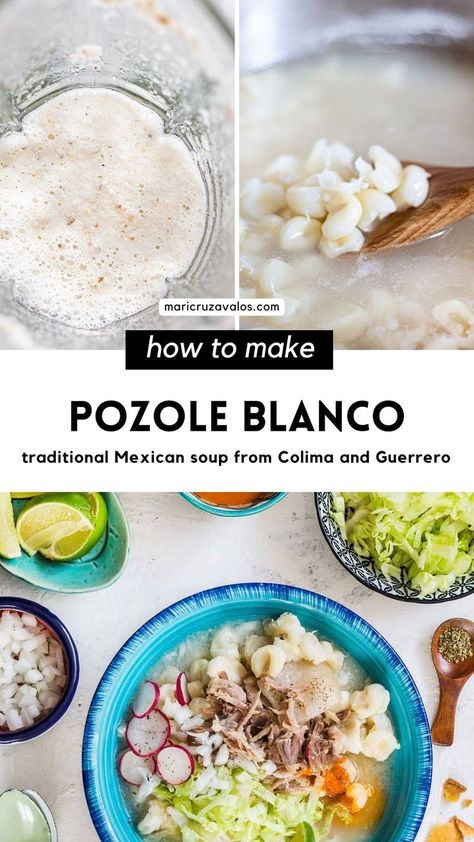 A collage with white pozole preparation and text overlay. Authentic Posole Recipe Pork, White Pozole, Authentic Posole Recipe, Easy Posole Recipe, Authentic Pozole, Pozole Recipe Pork, How To Make Pozole, Pork Posole, Posole Recipe