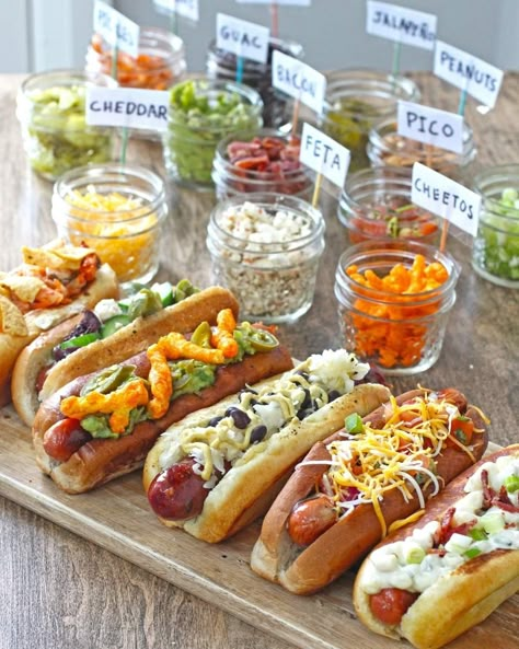 Hot Dog Party Food, Hot Dog Station, Hot Dog Bar Ideas, Party Food List, Dog Party Food, Hot Dog Party, Beautiful Cheese Board, Hot Dog Bar, Hosting Ideas