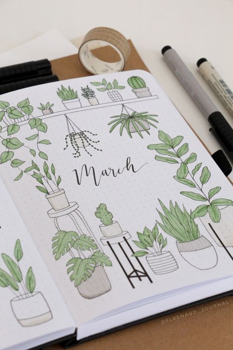 Plants Journal Ideas, Months Journal Ideas, Bujo Plants Theme, March Dot Journal Ideas, Plant Bullet Journal Theme, Bullet Journal Ideas Pages Monthly, Plant Journal Ideas, Journal Ideas March, March Bujo Theme