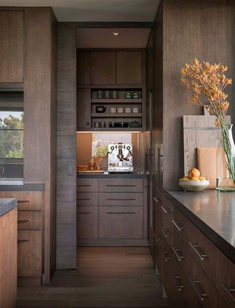 Serene midcentury modern home remodel in Southern California Modern Kitchen Granite, Honed Granite Countertops, Dark Granite Countertops, Kitchen Dark, Dark Wood Kitchens, Dark Wood Cabinets, Dark Granite, Dark Kitchen, Wood Kitchen Cabinets