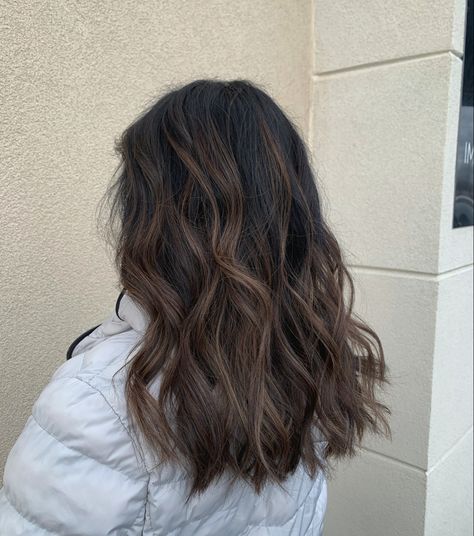 Subtle Caramel Balayage Brunette, Brunette Balayage Medium Hair, Brown W Lowlights, Melted Brown Hair Balayage, Lob Dark Hair Balayage, Low Light On Black Hair, Hair Low Maintenance Color, Dark To Medium Brown Balayage, Balayage Low Maintenance Brunettes