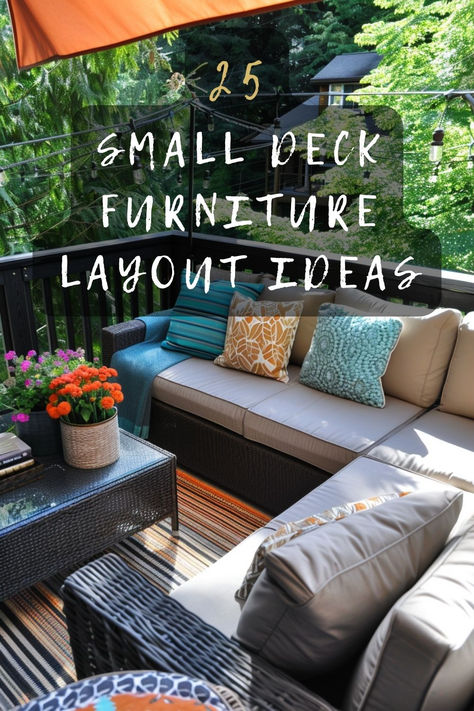 Looking for stylish and functional deck layouts? Explore 25 small deck furniture layout ideas that make the most of limited space. From cozy nooks to multi-functional pieces, get inspired. Click to find out more! 🌿✨ #DeckDecor #SmallSpaces #OutdoorLiving #HomeInspo #FurnitureLayout Deck Furniture Ideas Layout With Grill, Deck Setup Patio Ideas, Covered Porch Furniture Layout, Small Deck Seating Ideas, Deck Decorating Ideas Furniture, Patio Furniture Placement Layout, 12x12 Patio Furniture Layout, Small Deck Layout Ideas, 10x10 Patio Furniture Layout