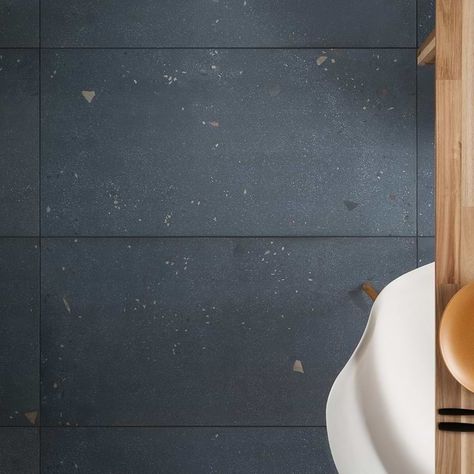 Kobe Cement Ocean Blue 24x48 Terrazzo Look Matte Porcelain Tile Palma Porcelain Tile, Blue Herringbone Shower Tile, Navy Bathroom Floor, Matte Shower Tile Ideas, Terrazzo Shower Floor, Tile Bar Bathroom, Cheap Tiles That Look Expensive, Terazzo Bathroom Tile, Terrazzo Bathroom Tile