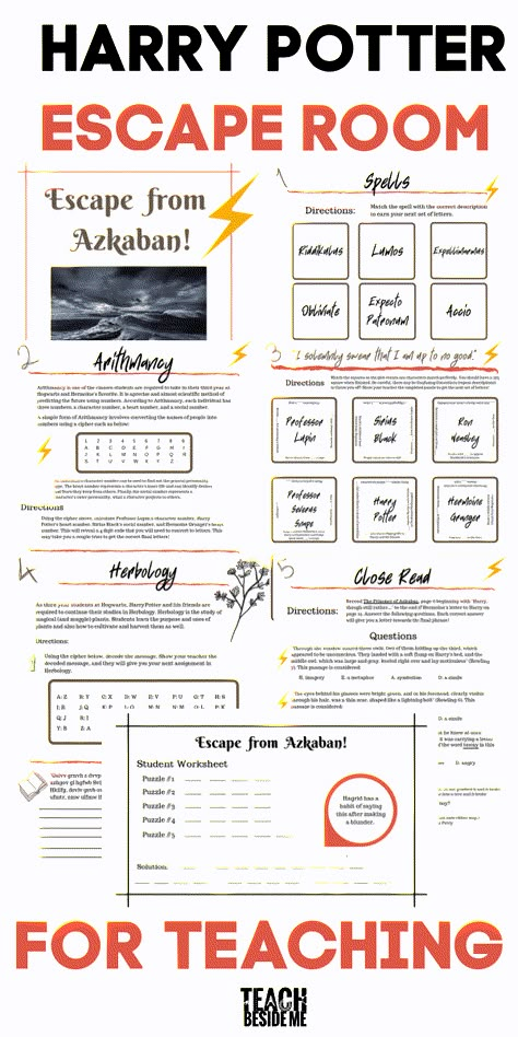 Fun printable Harry Potter Escape Room for teaching~ includes Arithmancy, Spells, Herbology, Reading comprehension and fun puzzles to solve! #harrypotter #reading #homeschool #escaperoom #teachingideas #languagearts Harry Potter Homeschool Room, Harry Potter Escape Room Diy Free, Harry Potter Word Search Printable, Harry Potter Games Diy, Harry Potter Room Transformation, Escape Room Design Interiors, Harry Potter Lesson Plans, Harry Potter Escape Room Ideas, Harry Potter Week