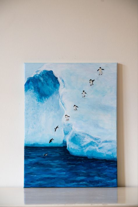 This captivating painting captures the sheer joy and whimsical nature of penguins sliding down the ice into the glistening ocean. - Acrylic on stretched canvas - Protective varnish applied - Fitted with wire on the back ready to hang AU$450 Penguins Painting, Paint A Penguin, Cute Penguin Painting, Penguin Painting, Penguin Painting Acrylic, Penguin Painting On Canvas, Arctic Painting, Painting Ideas On Canvas Penguin, Penguin Oil Painting