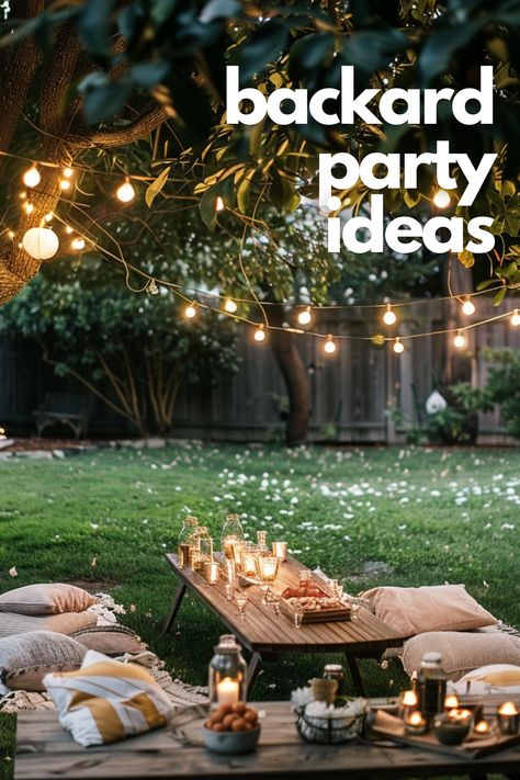 Backyard Party Activities Adults, Backyard Party Themes For Adults, Backyard Event Ideas, Backyard Birthday Party For Adults Decor, Patio Party Ideas Outdoor, Backyard Party Set Up, Backyard Party Ideas For Adults Decor, Backyard Party Setup Ideas, Cookout Decorations