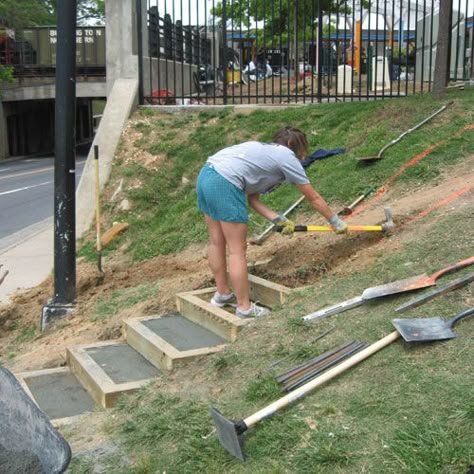 An Eagle Scout steps up | Urban Ministry Community Garden Blog Sloped Backyard Landscaping, Landscape Stairs, Landscape Steps, How To Build Steps, Sloped Yard, House Ranch, Sloped Backyard, Garden Stairs, House Farmhouse