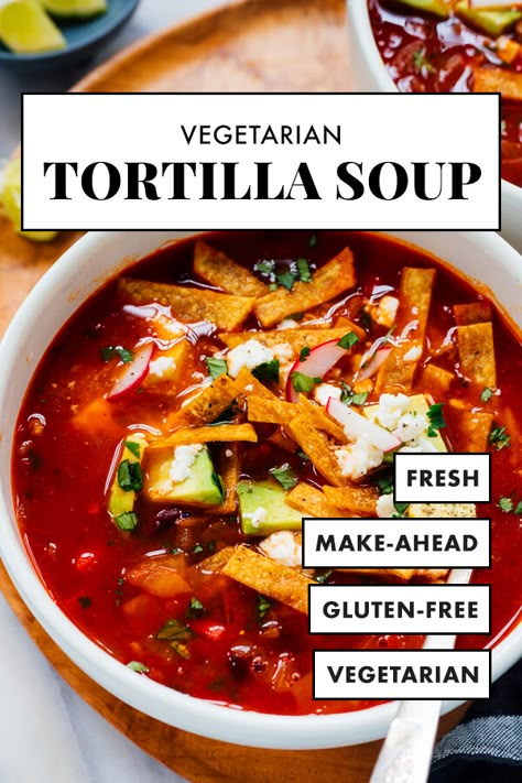 Warm up with a bowl of vegetarian tortilla soup, made with black beans instead of chicken. This soup recipe is so fresh and satisfying! #tortillasoup #texmex #mexican #vegetarian #cookieandkate Vegetarian Tortilla Soup, Canned Hominy, Pumpkin Vegetable, Soup Recipes Easy, Best Soups, Tortilla Soup Recipe, Spicy Soup, Winter Soup, Vegan Beans